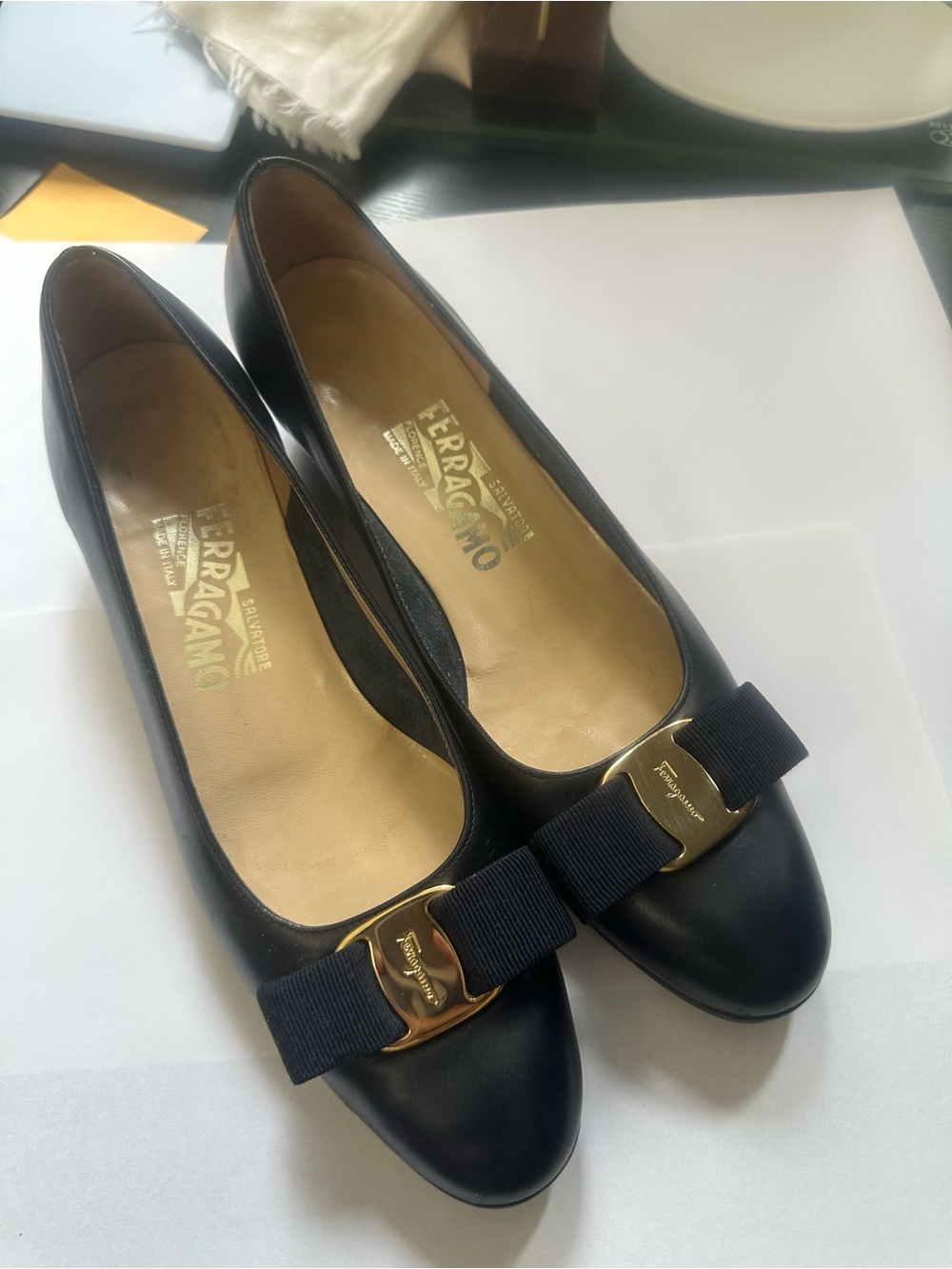 Salvatore Ferragamo dark navy Vara Bow Leather Ballet Flats